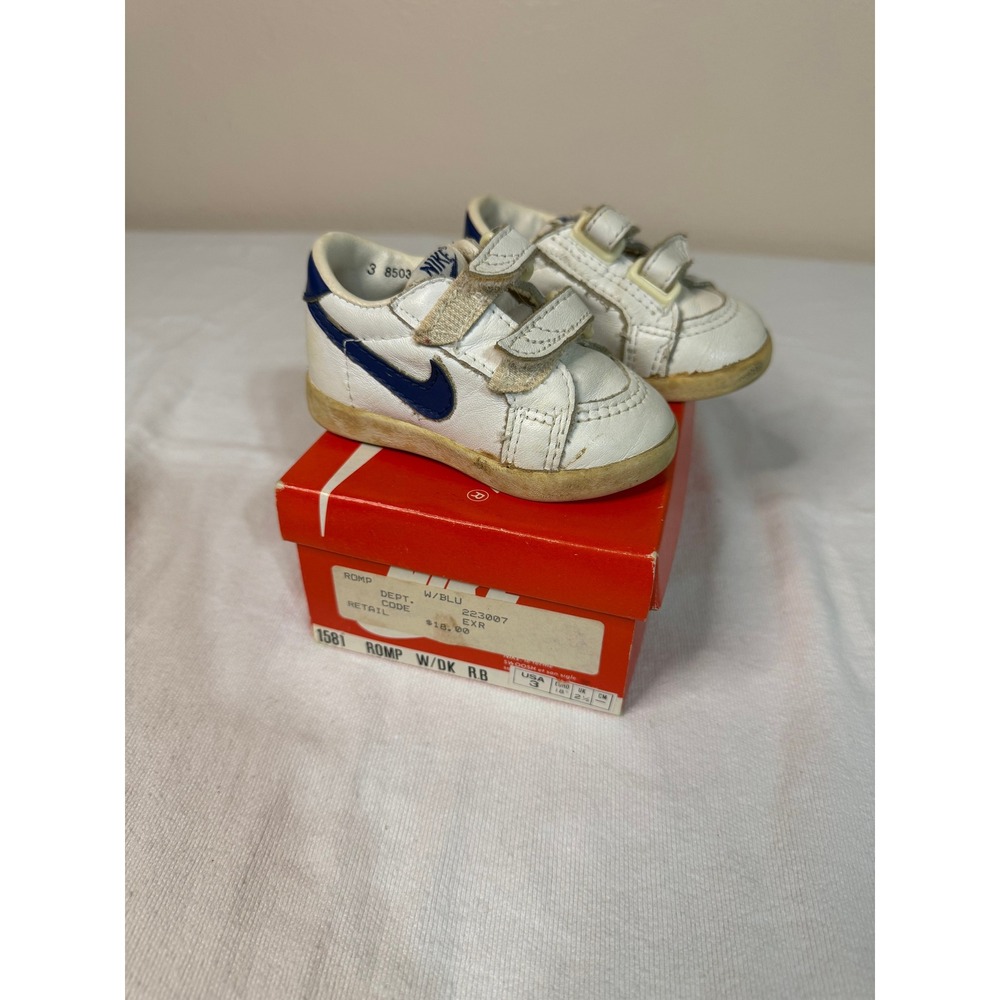 Vintage 1985 Nike Romp Baby Sneakers White Royal Blue 850305 TY Size 3C with Box
